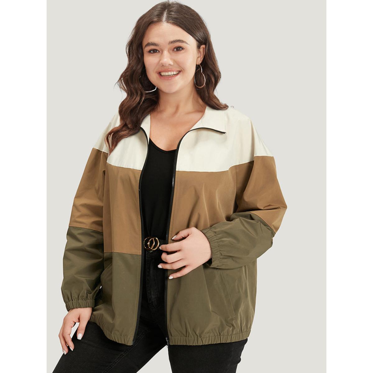 Plus Size Colorblock Contrast Zipper Pocket Elastic cuffs Coat Women Multicolor Casual Elastic cuffs Ladies Dailywear Winter Coats BloomChic 10/M Product Image