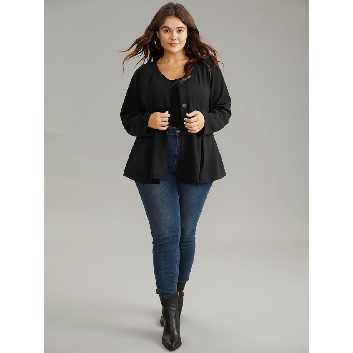 Plus Size Solid Pleated Button Up Belted Blazer Black Women Work Plain Plain Sleeve Long Sleeve Open Front 14-16/1X Belt Work From Home Blazers BloomChic Product Image