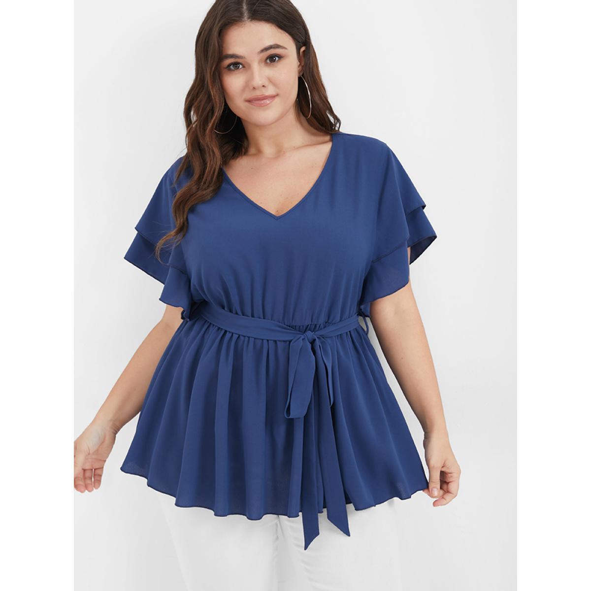 Plus Size DarkBlue Solid Babydoll Flutter Tiered Belted V Neck Blouse Women Elegant Short sleeve V-neck Dailywear Blouses BloomChic 14-16/1X Product Image