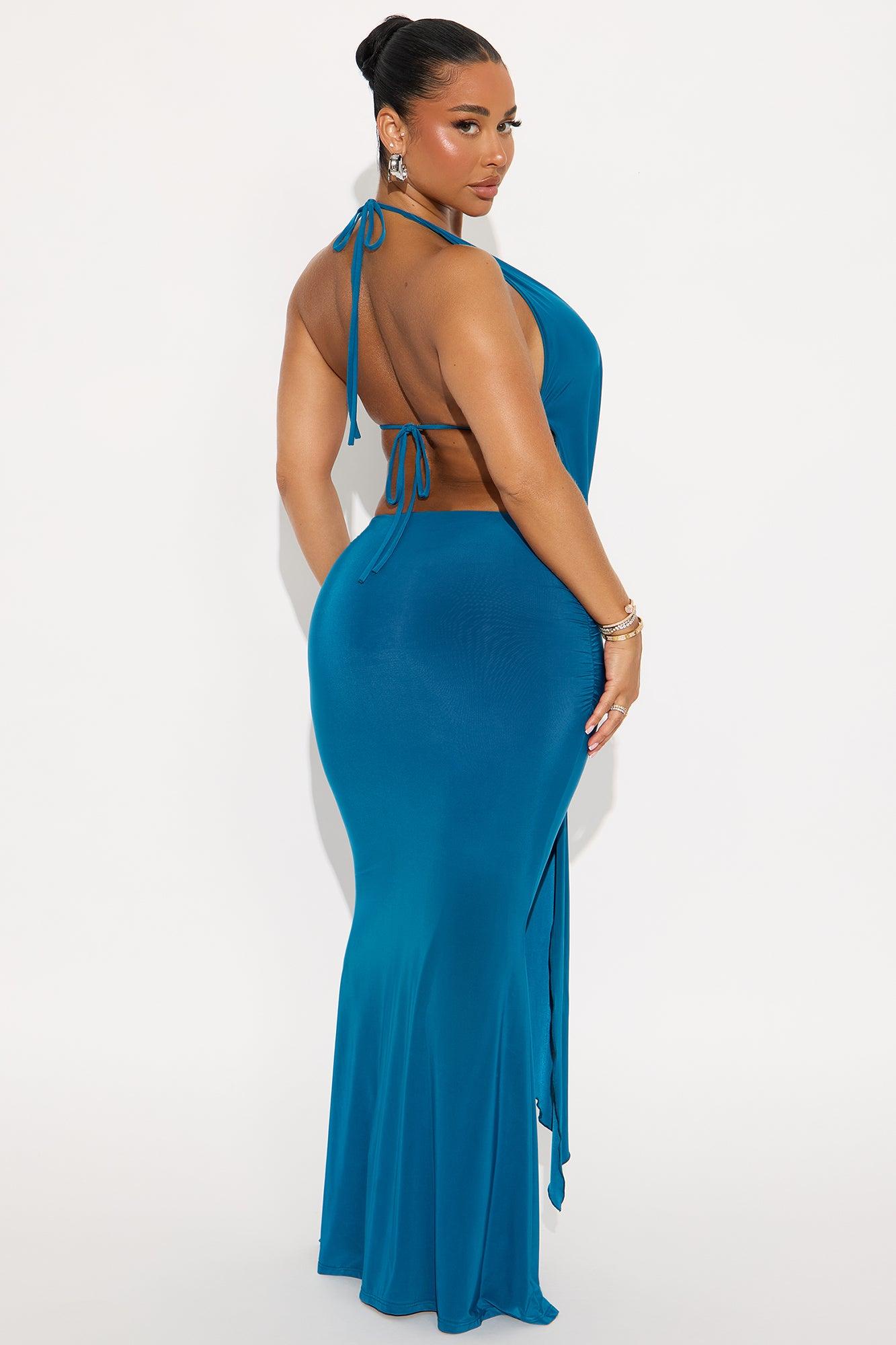 Romance Me Backless Halter Top Skirt Set - Teal Product Image