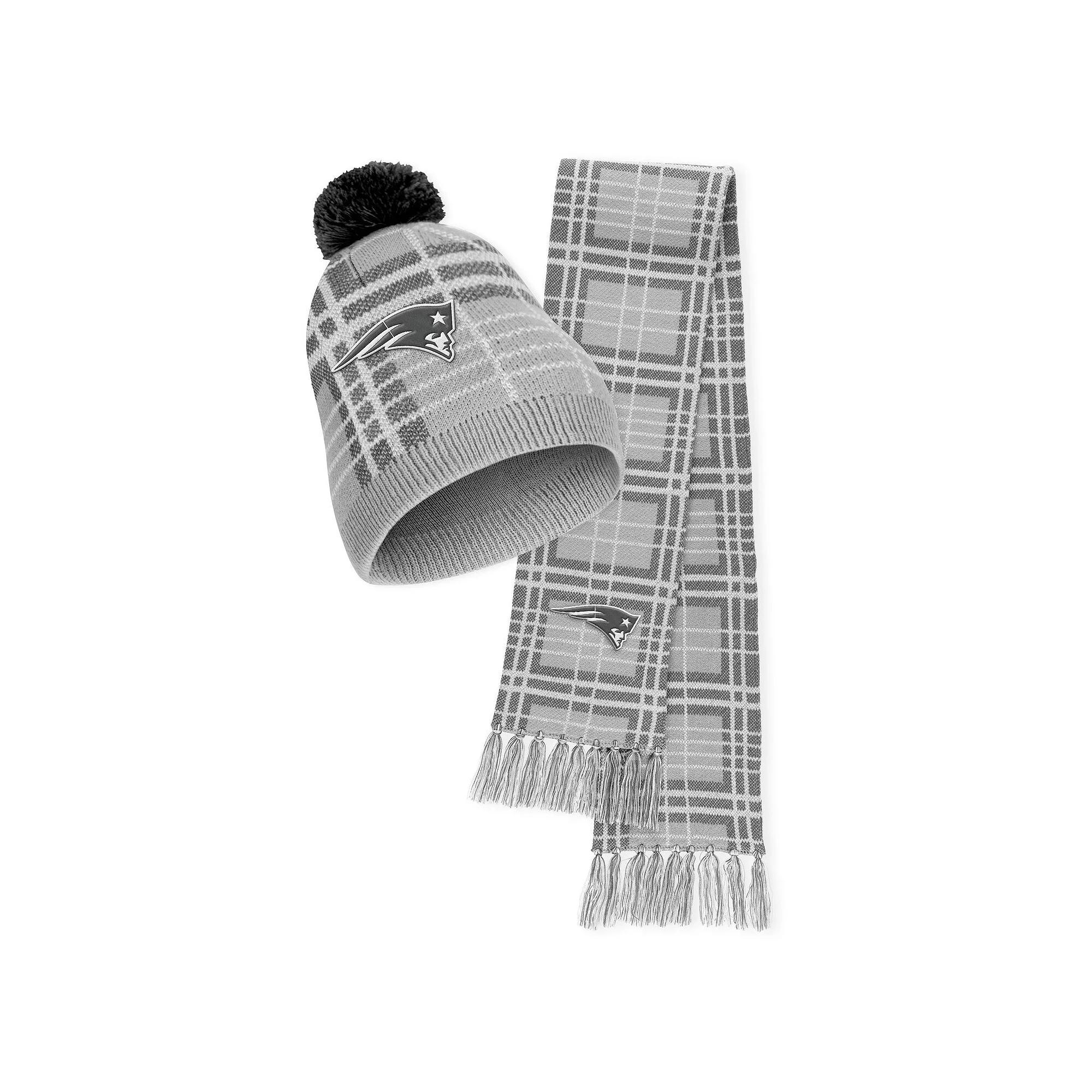 Women's WEAR by Erin Andrews New England Patriots Plaid Knit Hat with Pom & Scarf Set, Grey Product Image