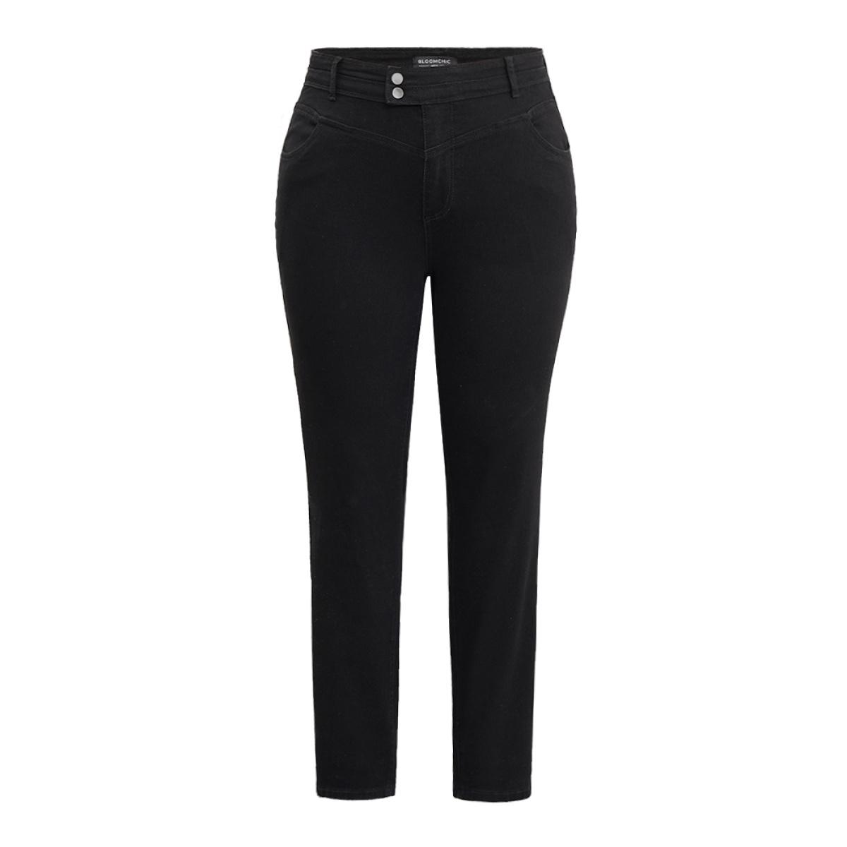 Plus Size Plain Black Wash Button Through Jeans Women Black Casual Plain Plain High stretch Pocket Jeans BloomChic 12/L Product Image