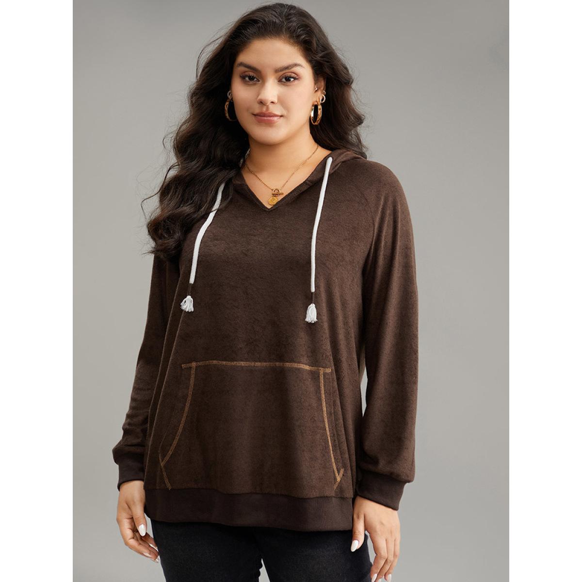 Plus Size Stitch Tassels Drawstring Hooded Sweatshirt Women DarkBrown Casual Elastic cuffs Hooded Dailywear Sweatshirts BloomChic 26/4X Product Image