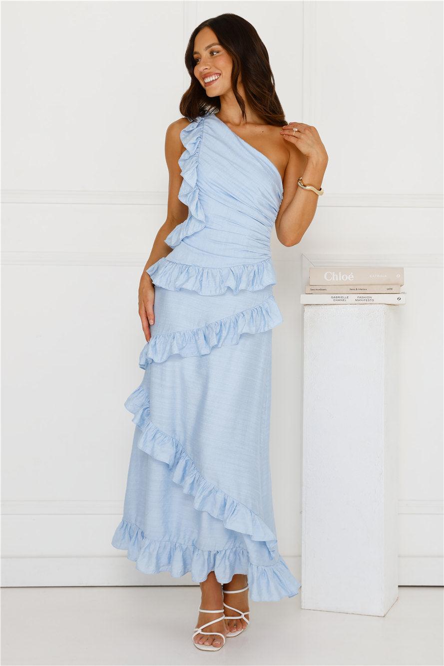 Moonlit Thoughts One Shoulder Maxi Dress Blue Product Image