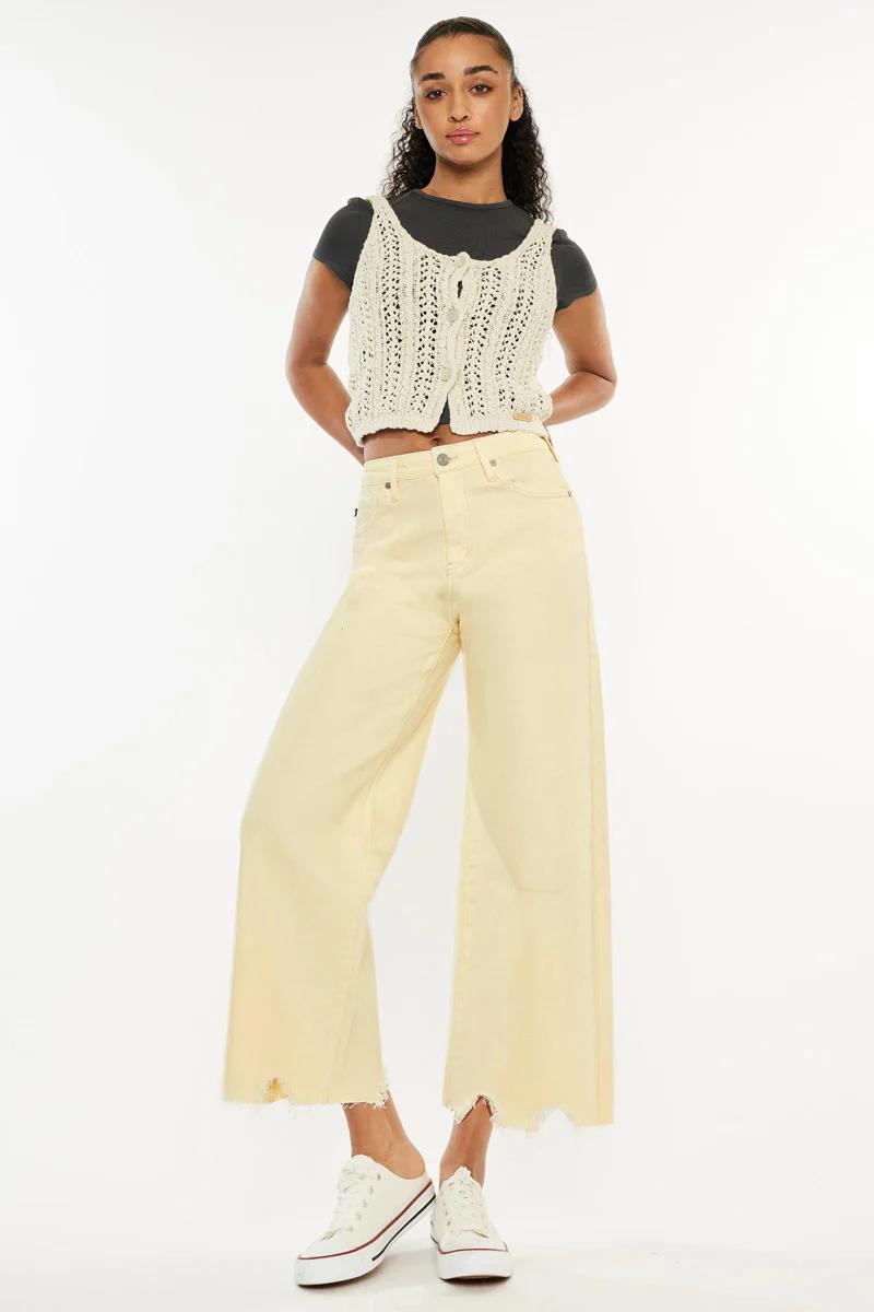 Cropped Wide Leg Jeans - olive and ecru Product Image