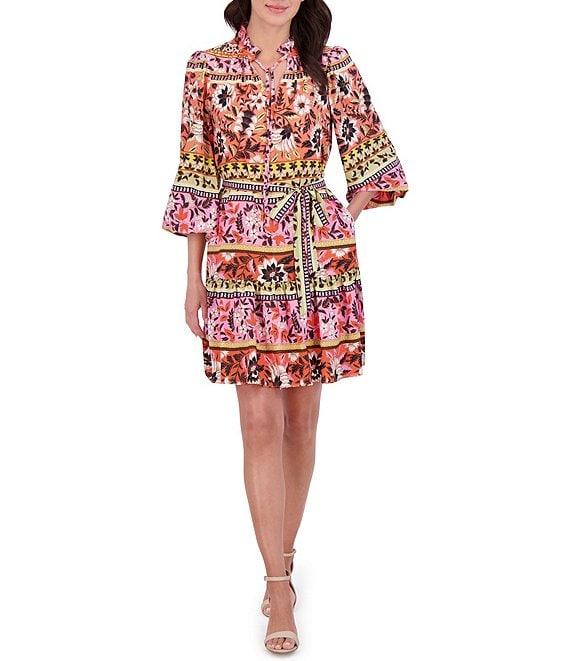 Vince Camuto Woven Floral Print V-Neck Tie Long Sleeve Belted Tiered A-Line Dress Product Image