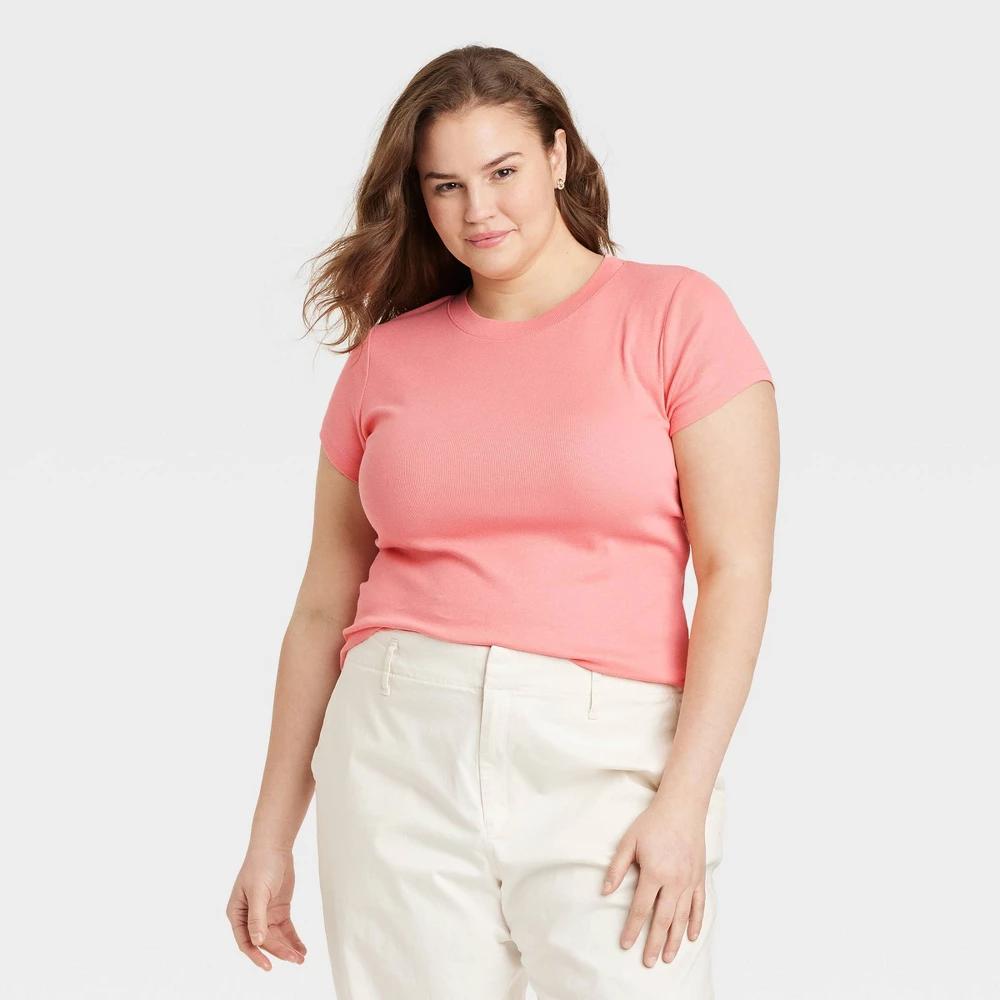 Women's Slim Fit Short Sleeve Cropped Ribbed T-Shirt - A New Day™ XXL: Cotton Modal Blend, Crew Neck, Pullover Style Product Image