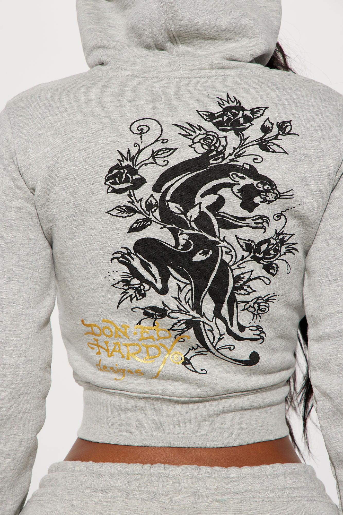 Heart Of Roses Ed Hardy Zip Front Hoodie - Heather Grey Product Image