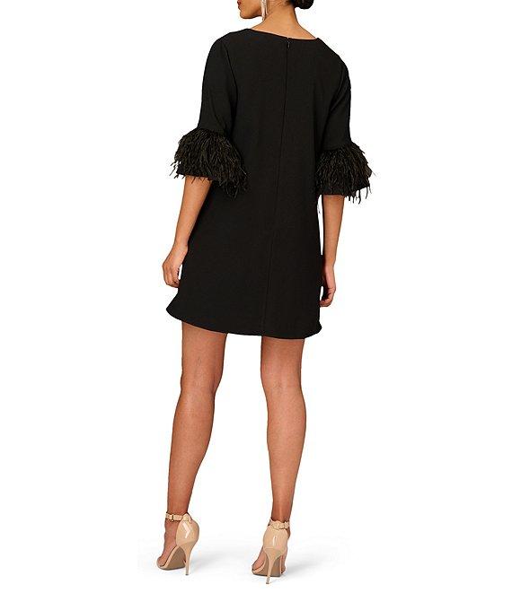 Aidan Mattox V-Neck 3/4 Sleeve Feather Trim Trapeze Dress Product Image