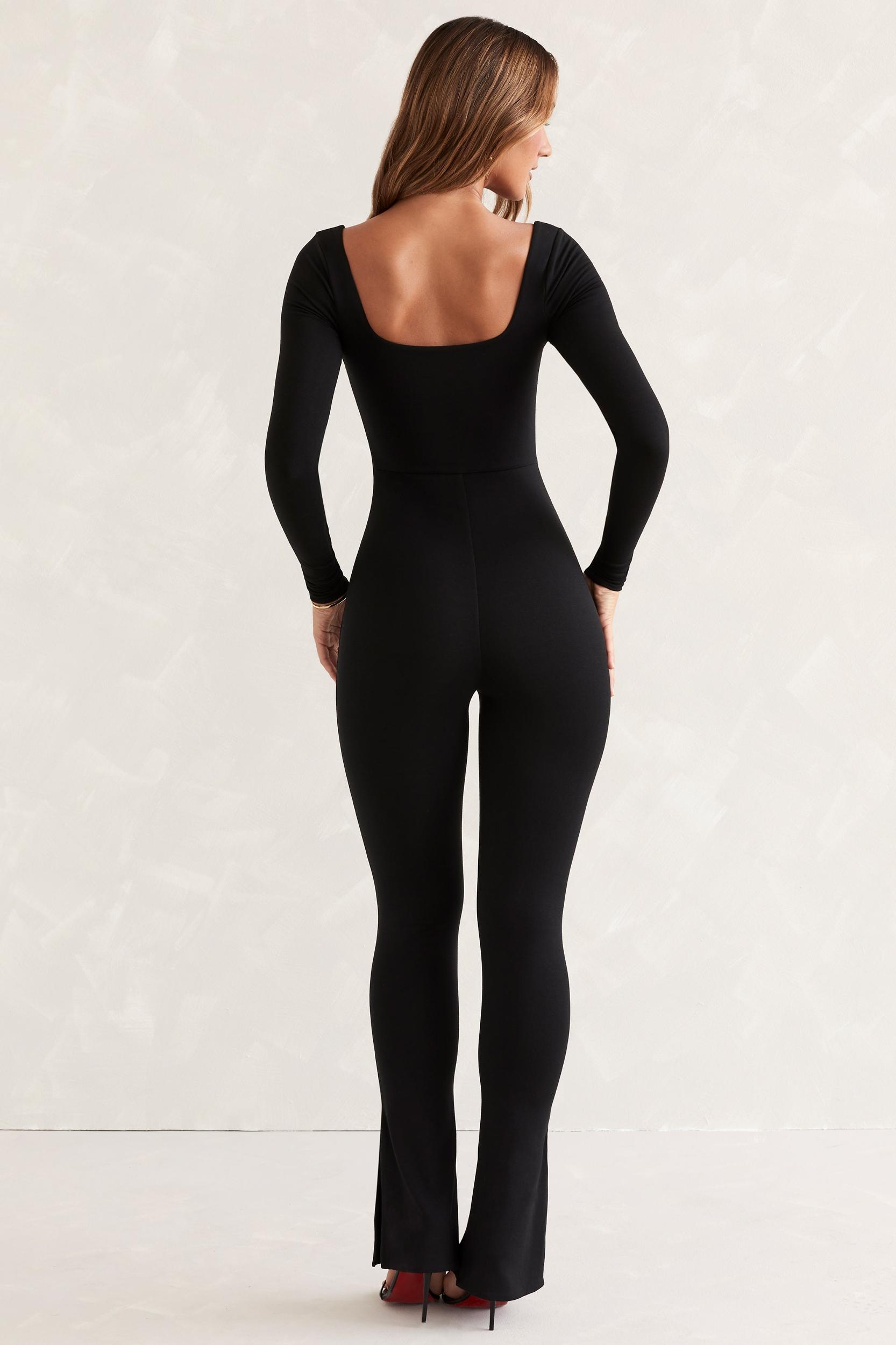 Long Sleeve Square Neck Jumpsuit in Black Product Image