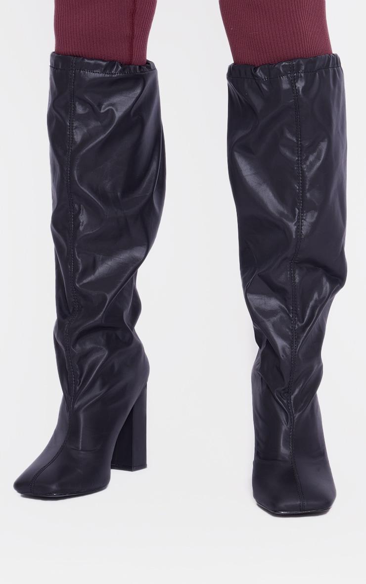 Black Wide Fit PU Square Toe Knee High Block Heel Toggle Boots Product Image