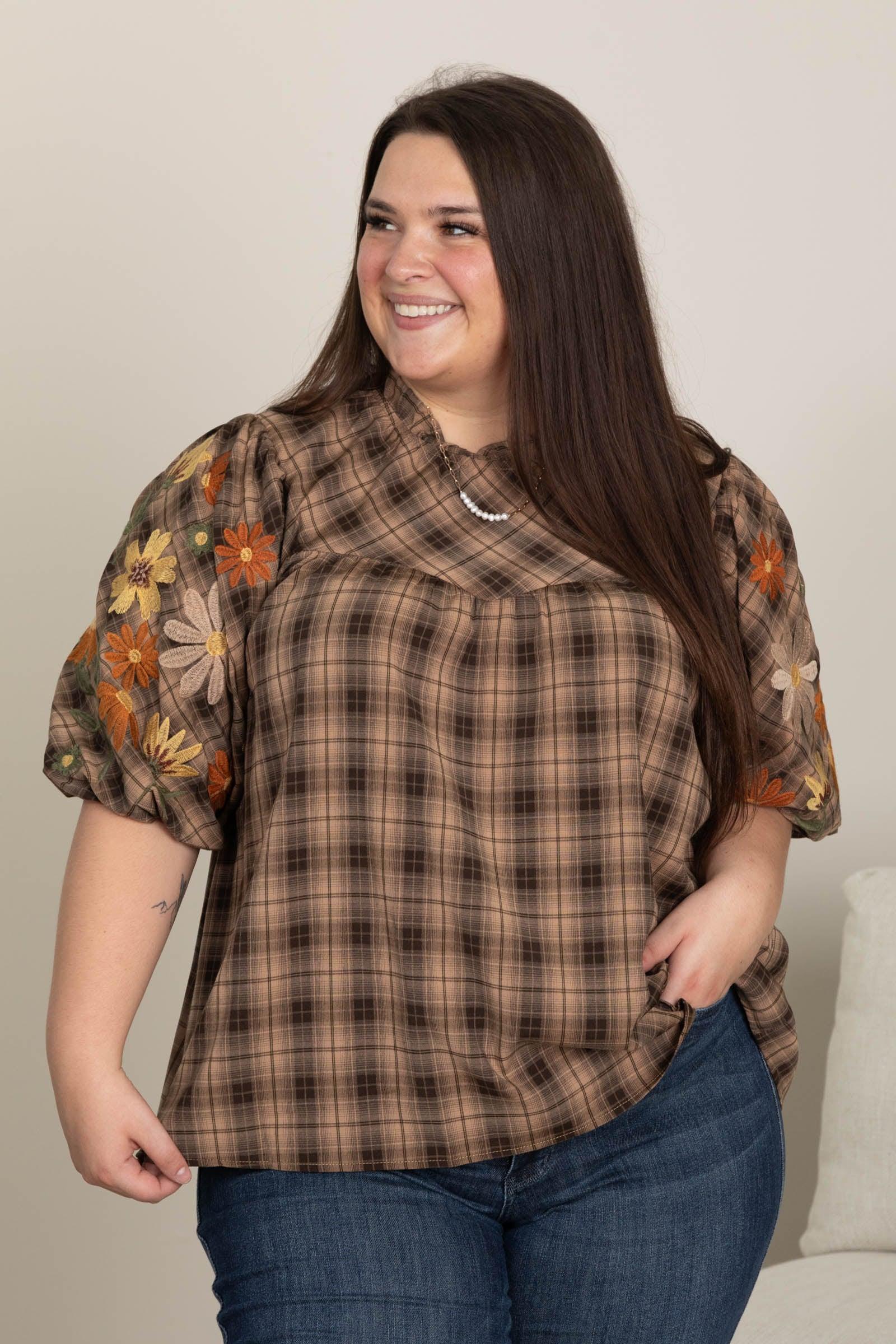 Brown Plaid Puff Short Sleeve Floral Woven Top Product Image