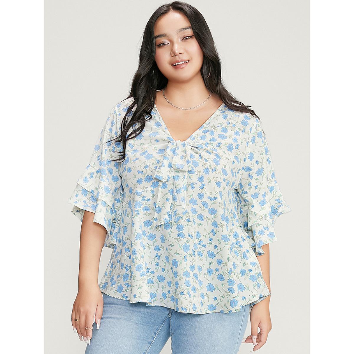 Plus Size White Floral Printed Knotted Front V Neck Ruffle Sleeve Blouse Women Elegant Elbow-length sleeve V-neck Dailywear Blouses BloomChic 26/4X Product Image