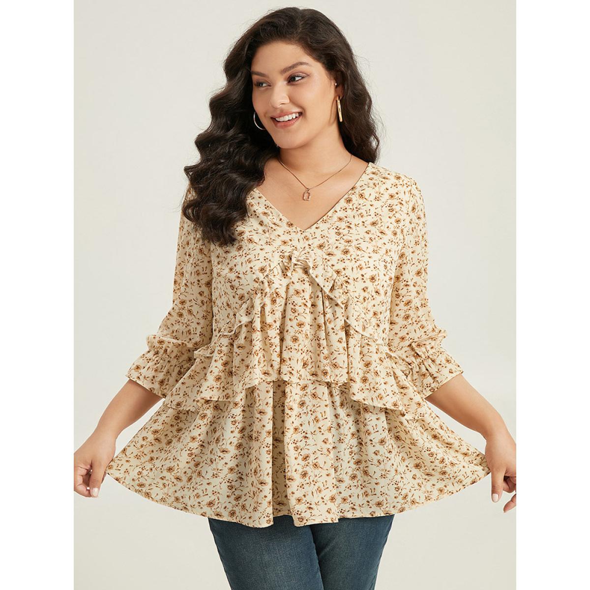 Plus Size Apricot Ditsy Floral Tiered Ruffles Gathered Blouse Women Elegant Elbow-length sleeve V-neck Dailywear Blouses BloomChic 12/L Product Image