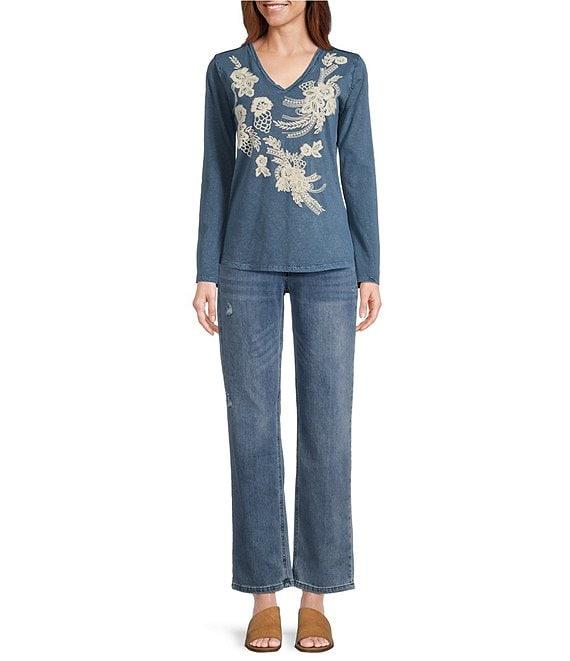 Reba Knit Jersey Embroidered V-Neck Long Sleeve T-Shirt Product Image