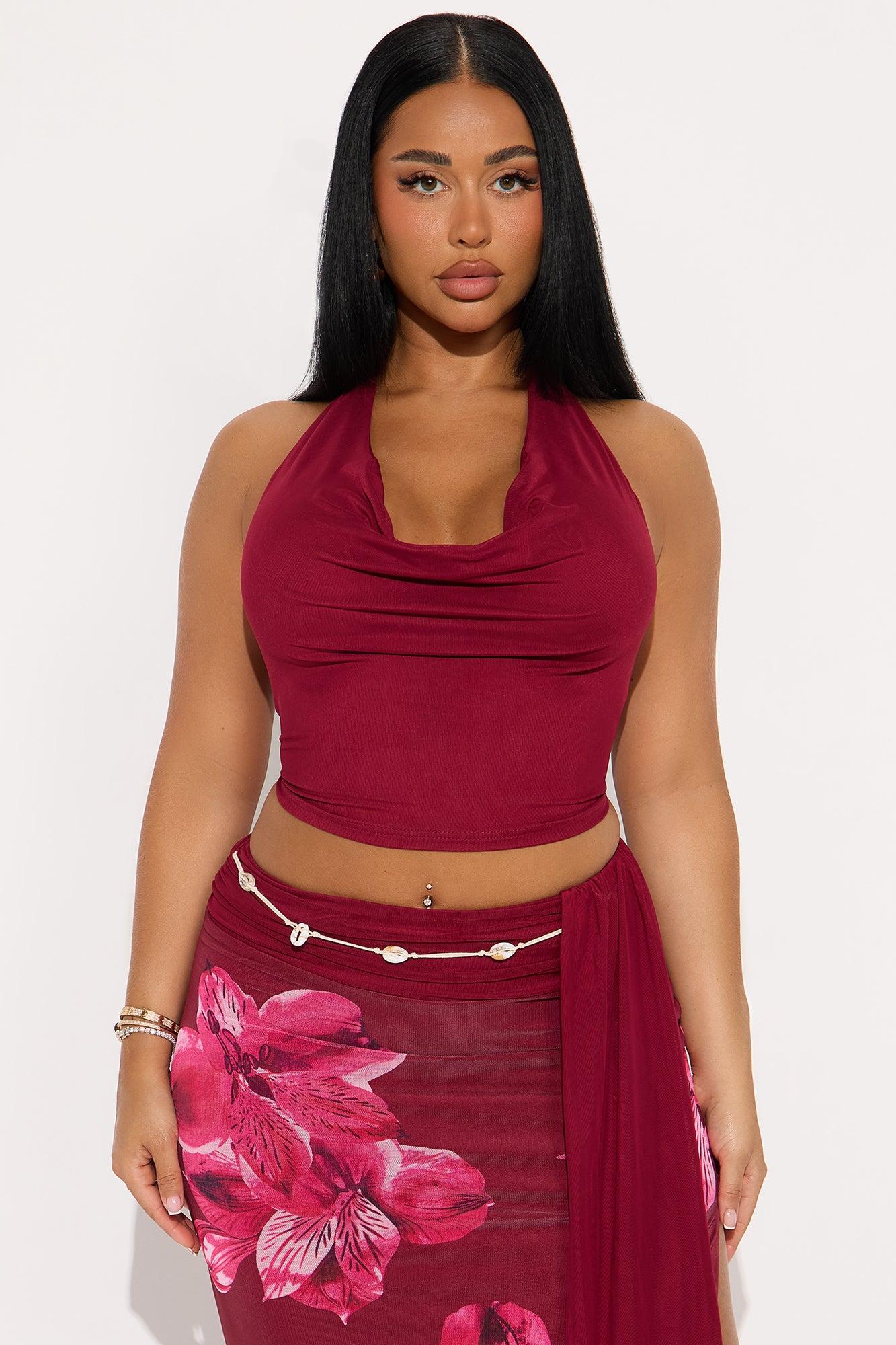 Julissa Mesh Halter Maxi Skirt Set - Wine Female Product Image