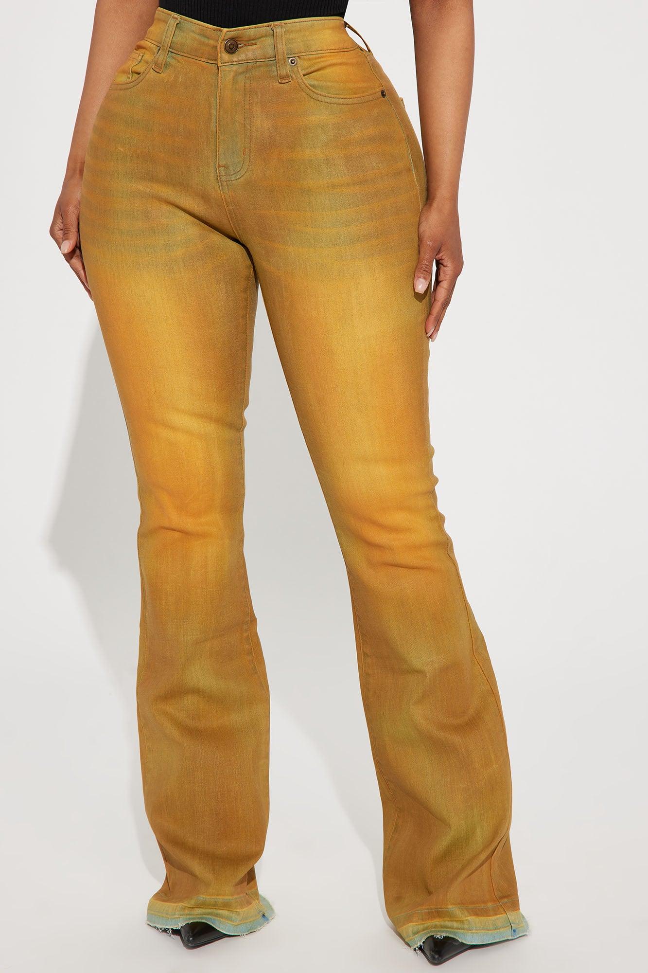 Leading The Pack Coated Stretch Flare Jeans - Yellow Product Image