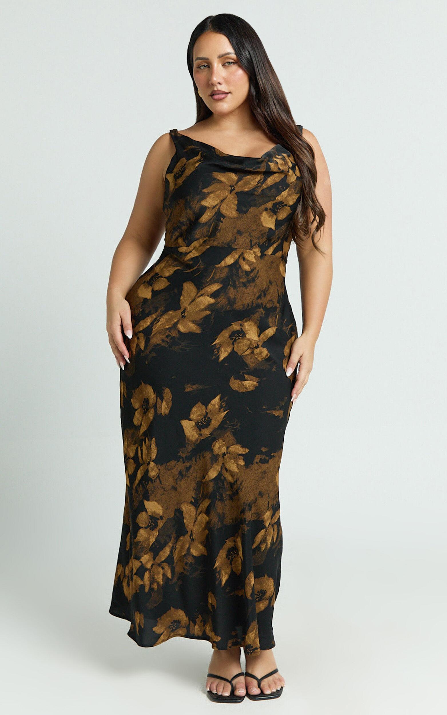 Dara Midi Dress - Low Neck Sleeveless Slip Dress in Amber Floral Print Product Image