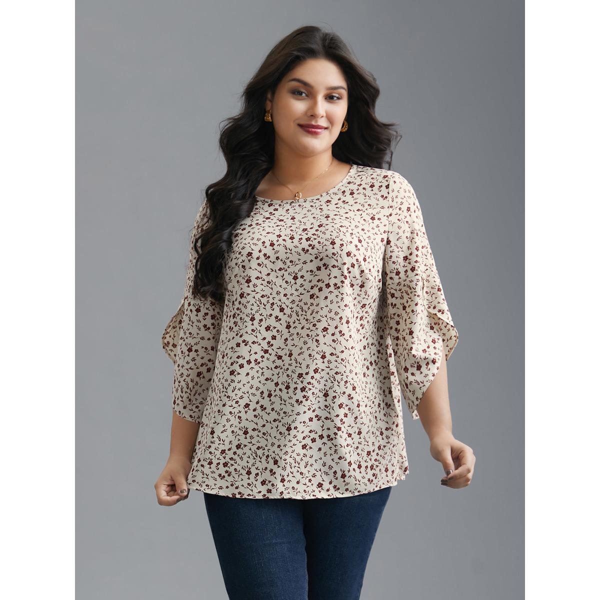 Plus Size Beige Crew Neck Ditsy Floral Bell Sleeve Blouse Women Elegant Elbow-length sleeve Round Neck Everyday Blouses BloomChic 12/L Product Image