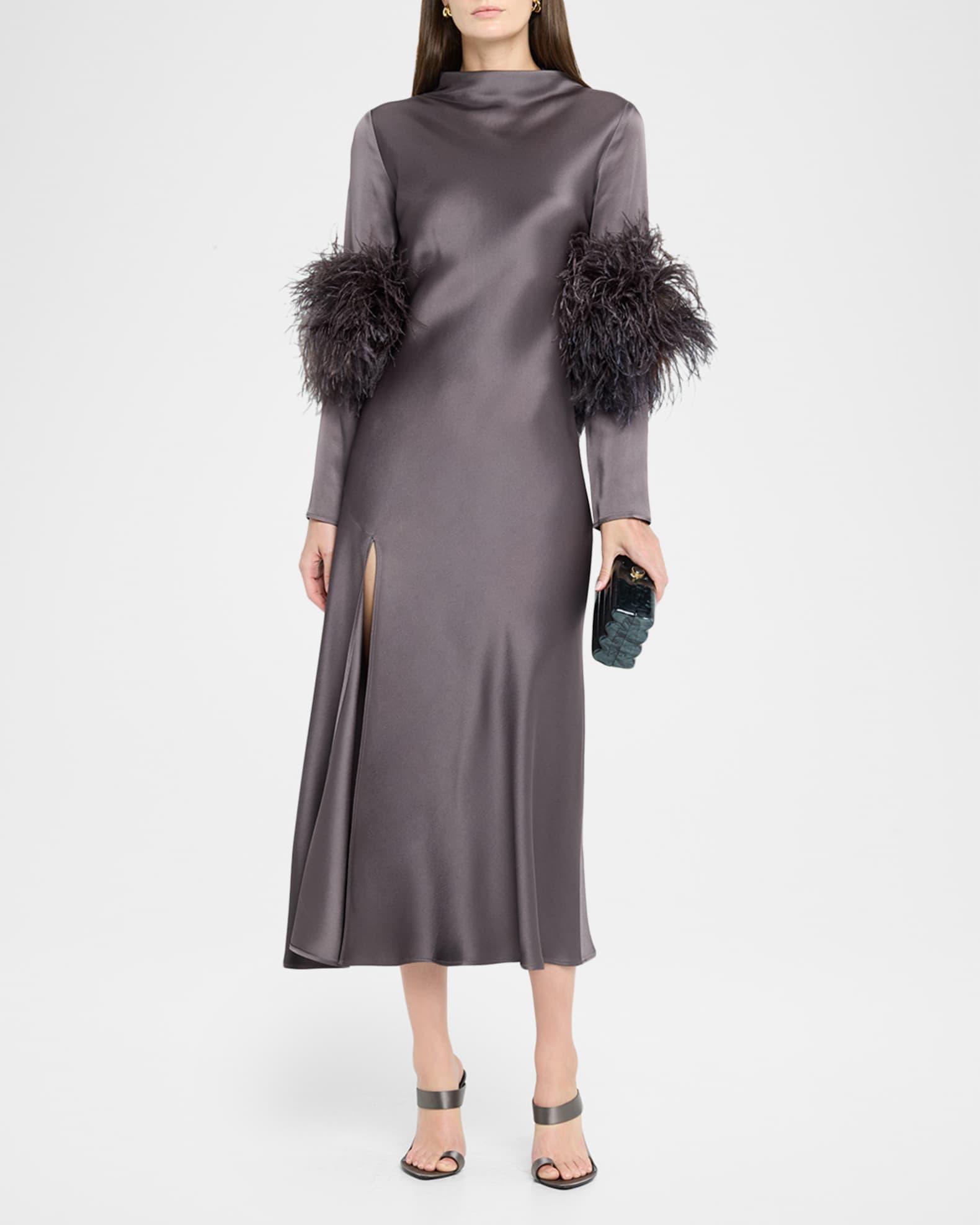 Feather-Trim Long-Sleeve Satin Bias Midi Dress Product Image