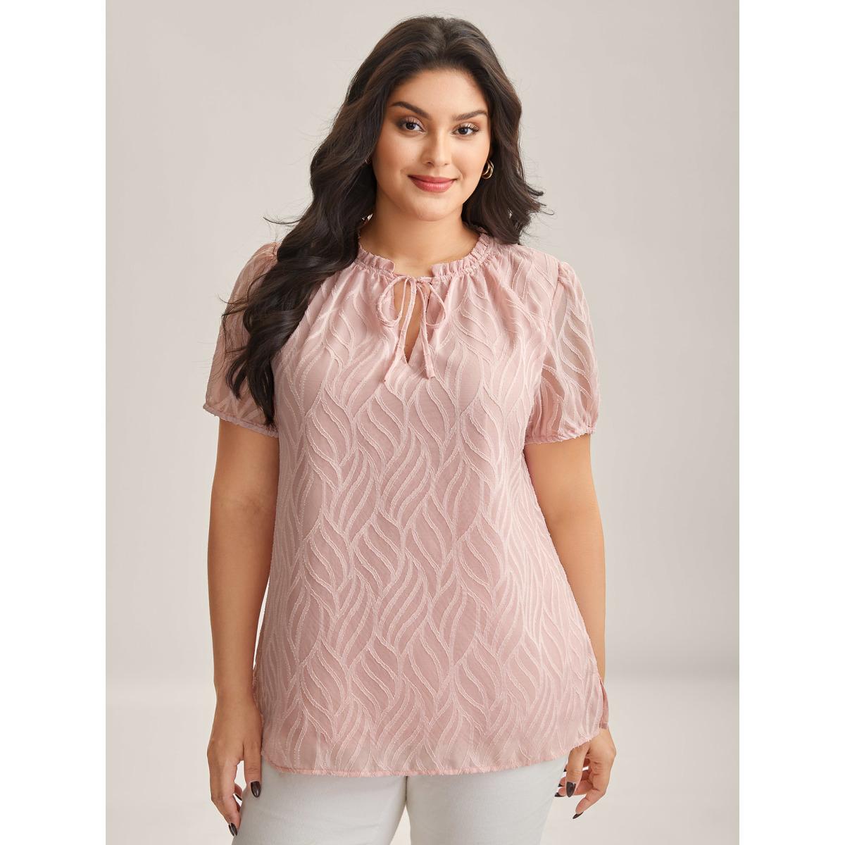 Plus Size Crepe Textured Ruffled Neck A-Line Blouse Women Office Short sleeve Round Neck Office Blouses BloomChic 14-16/1X Product Image