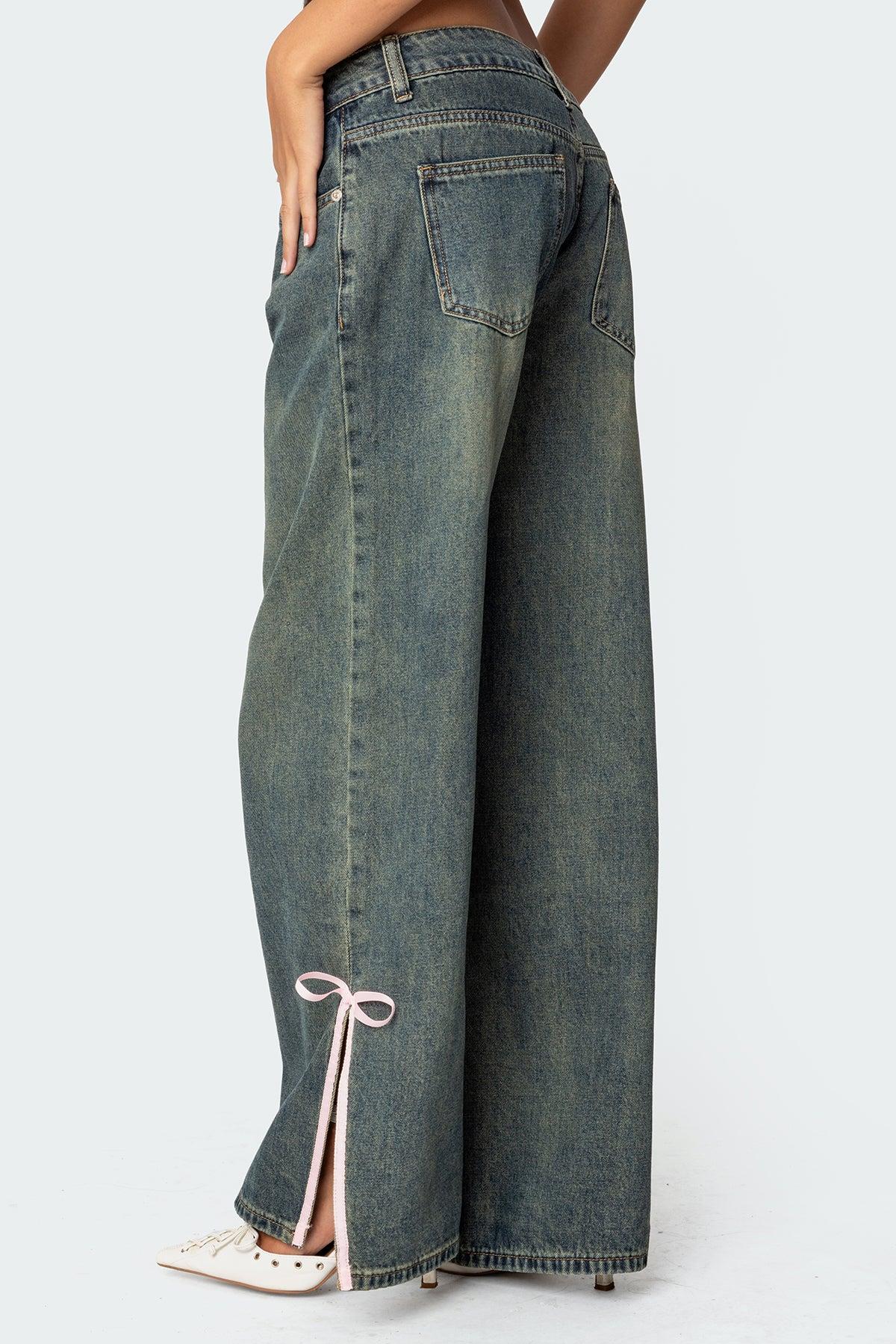 Bow Slitted Vintage Washed Low Rise Baggy Jeans Product Image