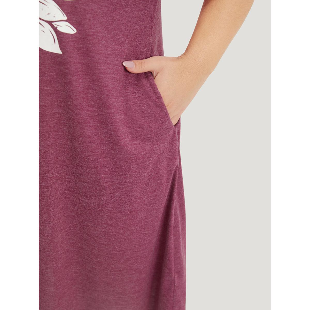 Plus Size Supersoft Essentials Slogan & Sunflower Print Notched Pocket Dress RedViolet Women Casual Plain Curvy Midi Dress BloomChic 18-20/2X Product Image