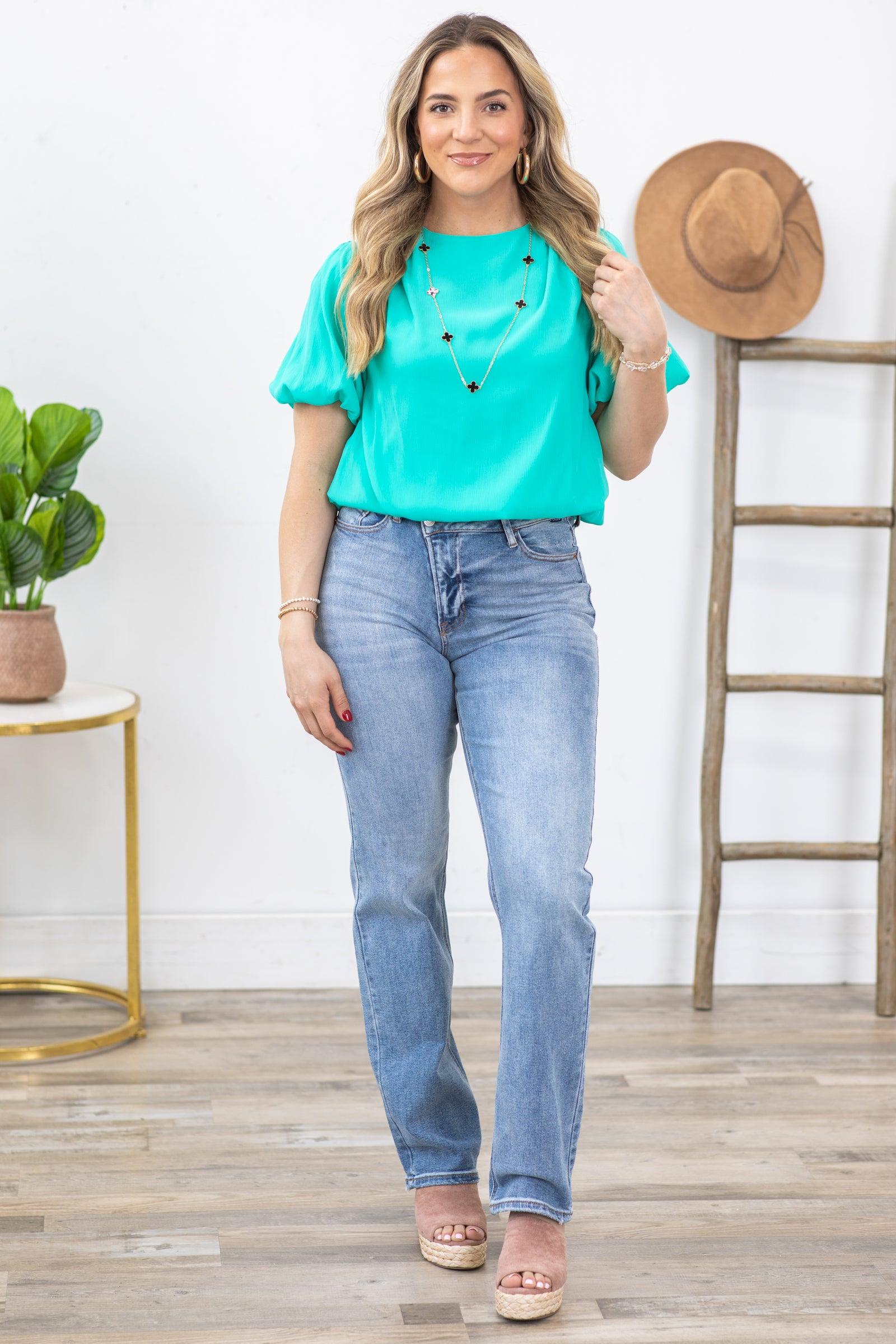 Turquoise Pleated Bubble Sleeve Woven Top Product Image