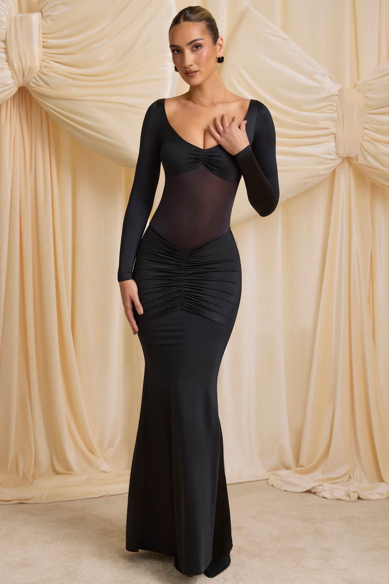 Bow-Detail Ruched Maxi Dress in Black Product Image