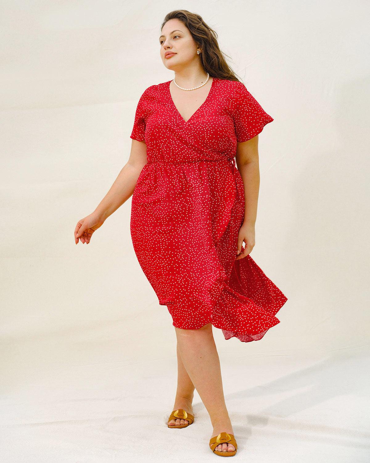 Plus Size Red V Neck Polka Dot  Midi Dress Product Image