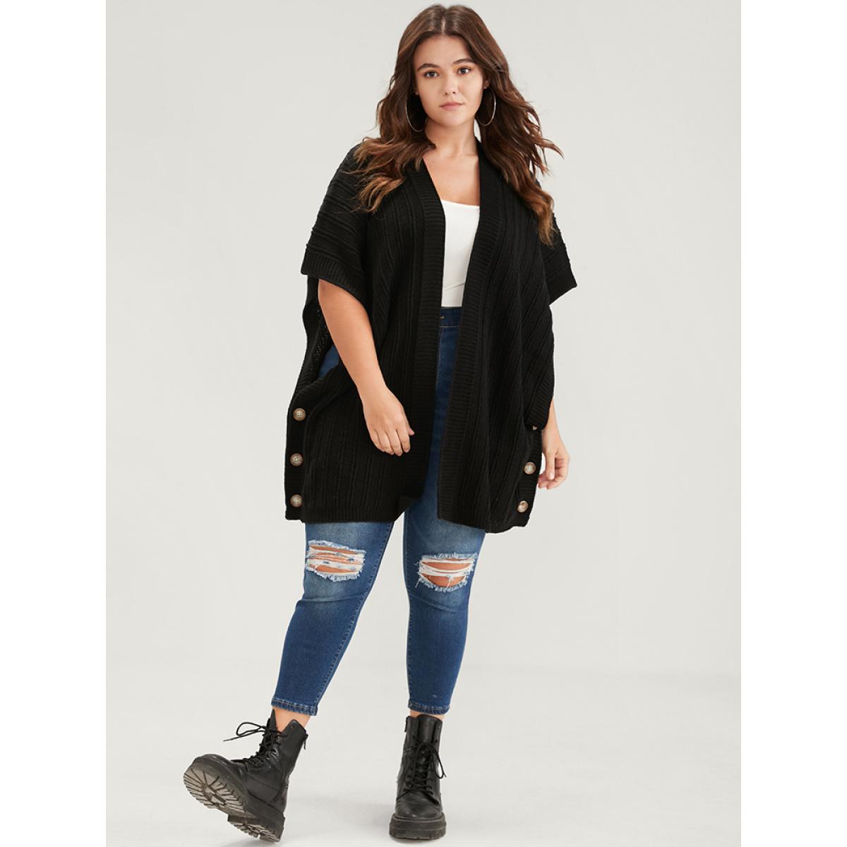 Plus Size Solid Pointelle Knit Button Hem Dolman Sleeve Open Front Cardigan Black Women Elegant Oversized Sleeveless Dailywear Cardigans BloomChic 12/L Product Image