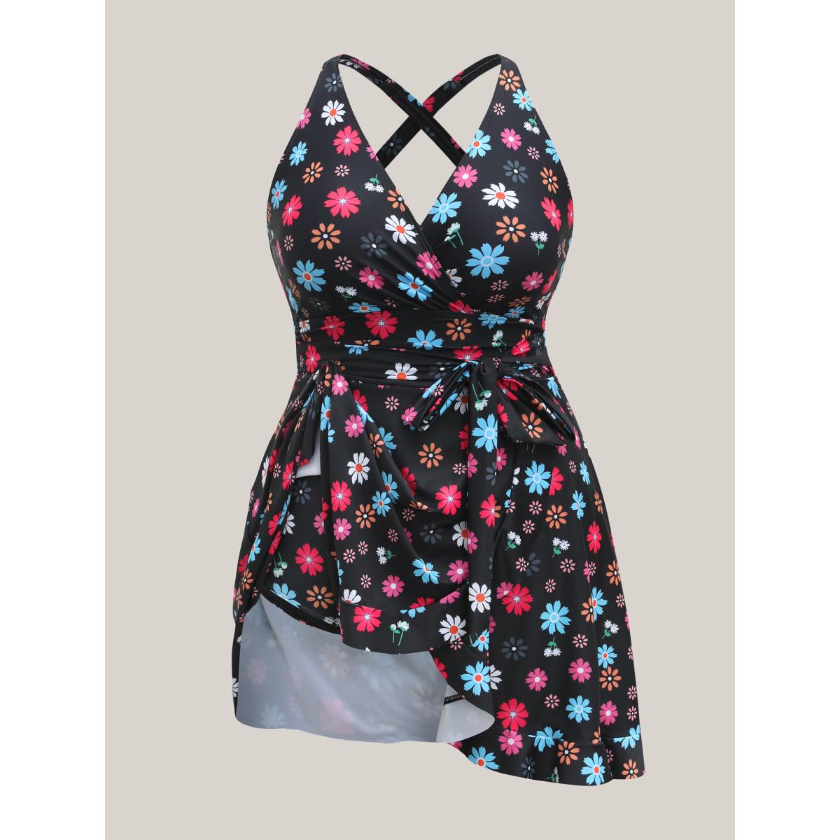 Plus Size Colorful Floral Print Fit Flare Swim Dress Women's Swimwear Black Resort Bodycon Overlap Collar High stretch Curve Swim Dresses BloomChic 22-24/3X Product Image