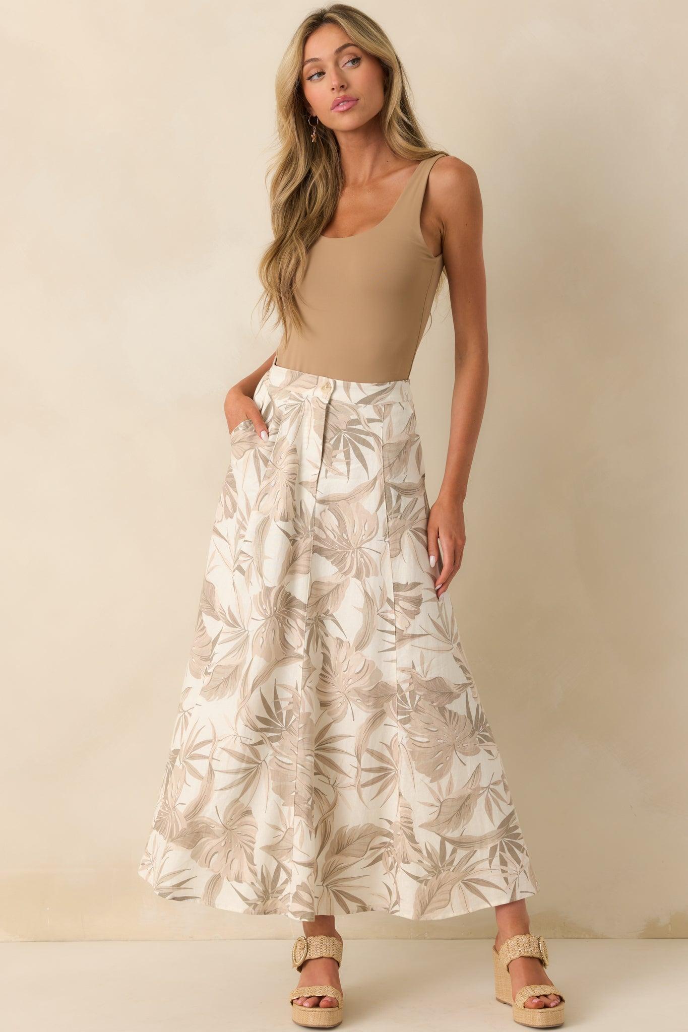 Wave Of Elegance Sandstone Tropical Print Maxi Skirt Product Image