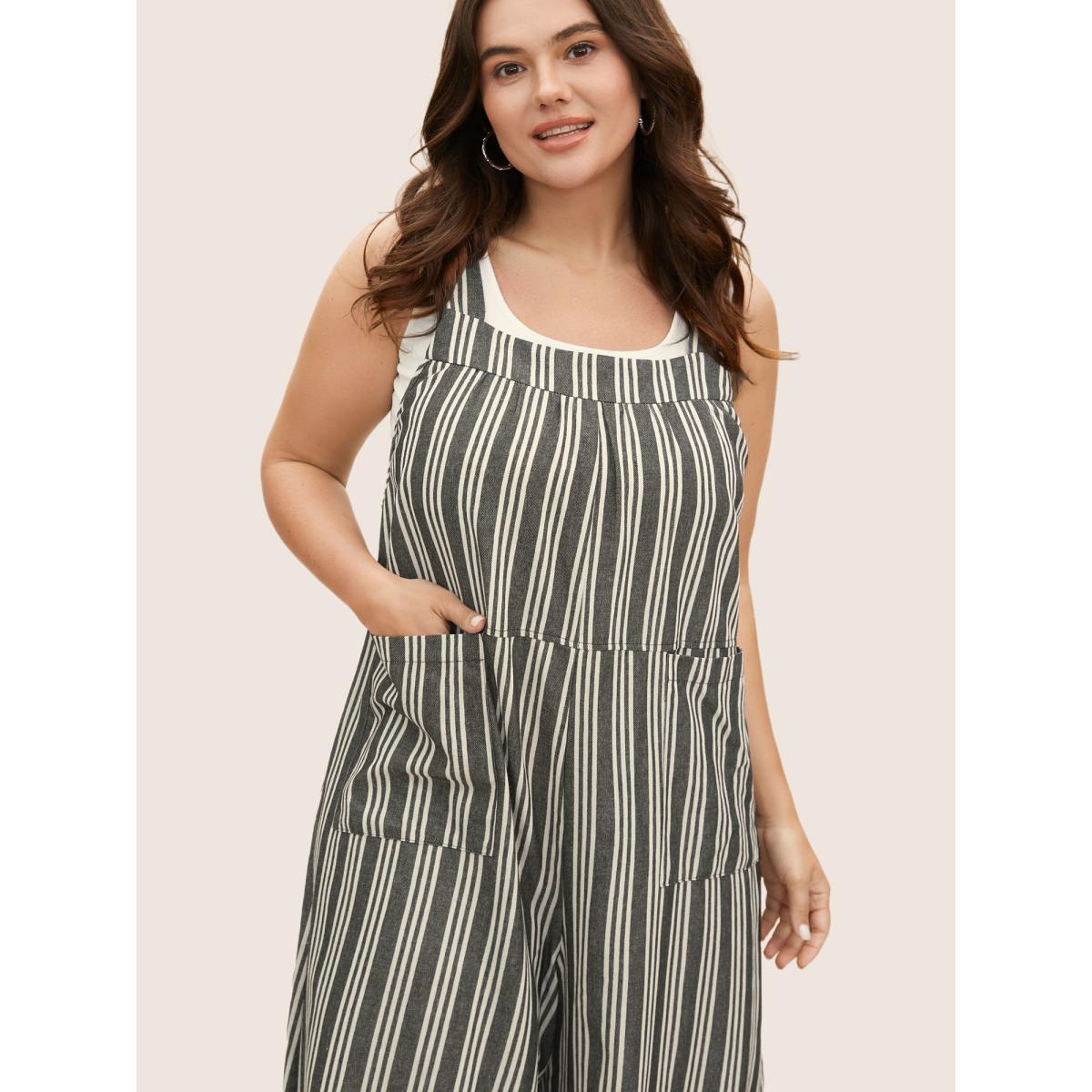 Plus Size Black Cotton Striped Patched Pocket Loose Jumpsuit Women Casual Sleeveless Non Everyday Loose Jumpsuits BloomChic 12/L Product Image