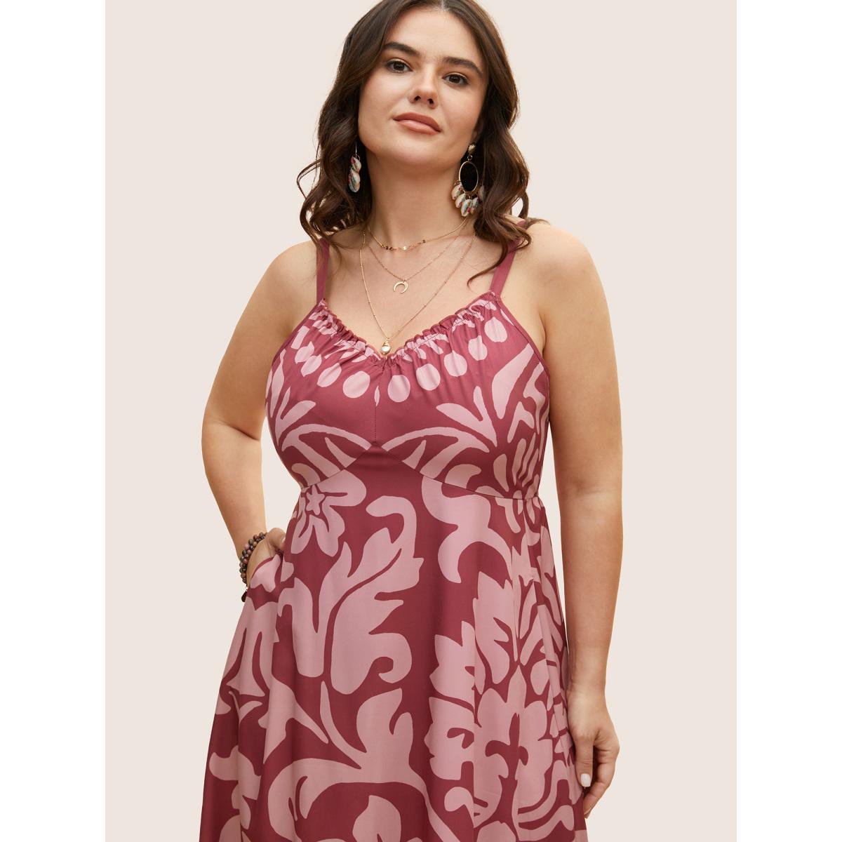 Plus Size Silhouette Floral Print Frill Trim Cami Dress DustyPink Women Resort Gathered V-neck Sleeveless Curvy BloomChic 22-24/3X Product Image