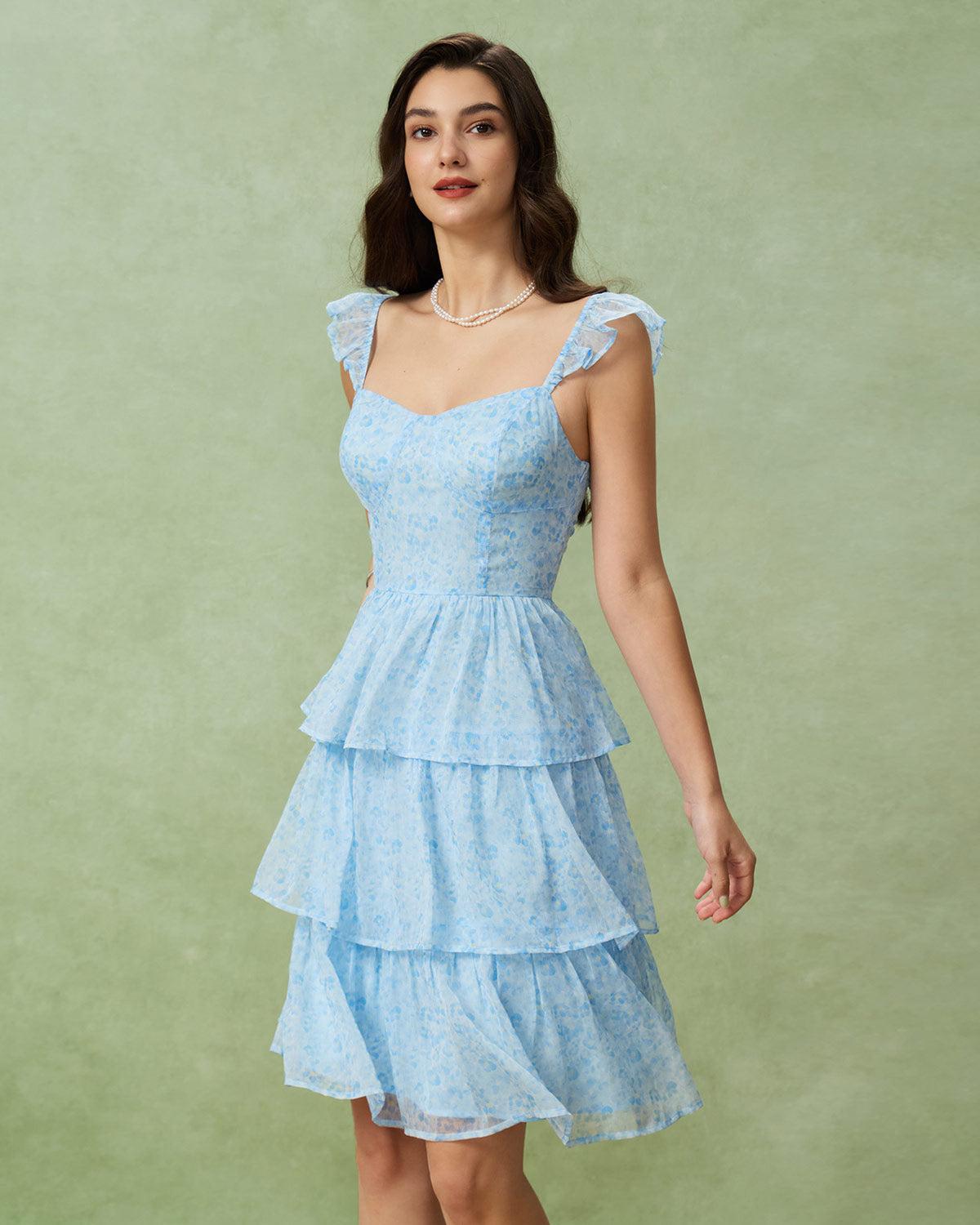 Blue Sweetheart Neck Tiered Midi Dress Product Image