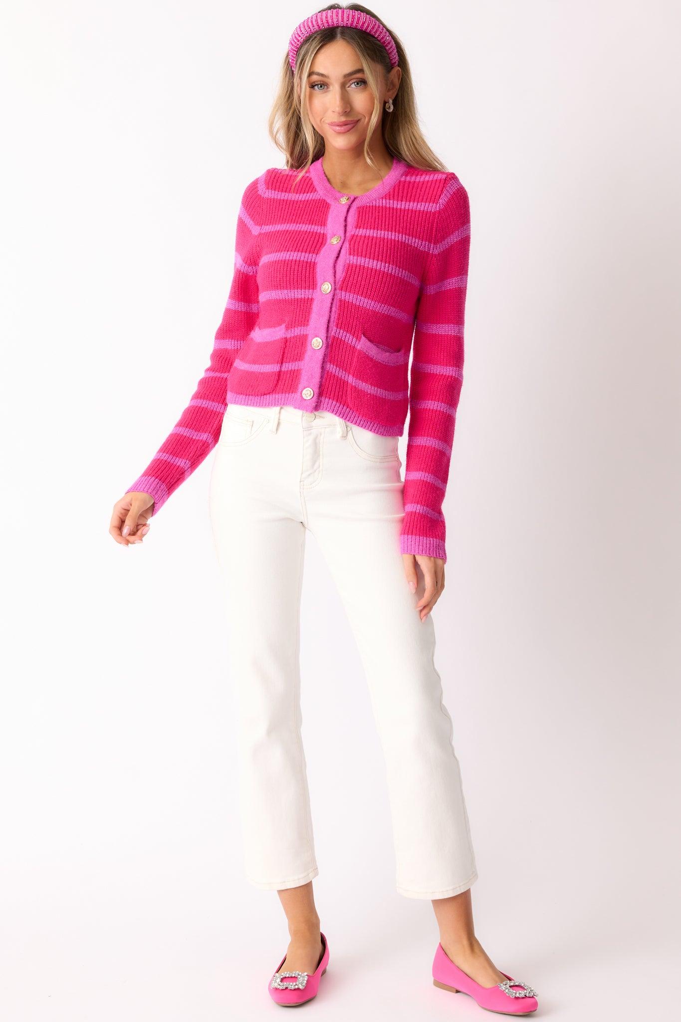 Let's Go Shopping Hot Pink Stripe Button Front Cardigan Product Image