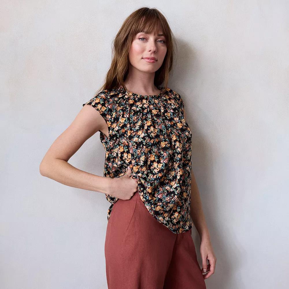 Women's LC Lauren Conrad Pleated Scoopneck Top, Size: Small, Black Fleurie Brush Product Image