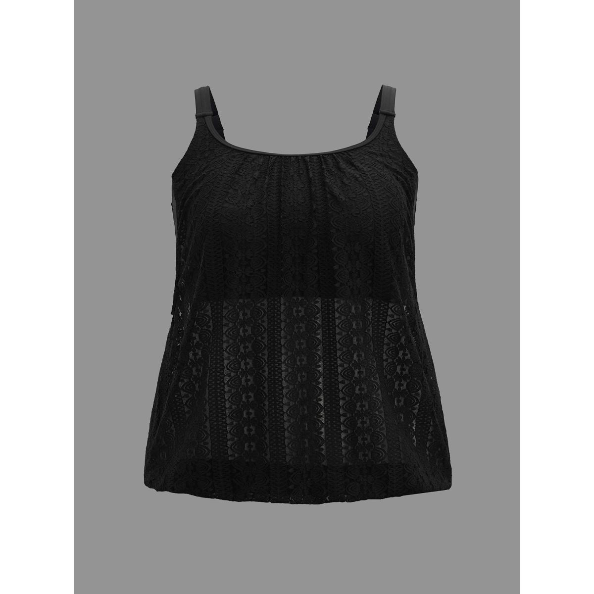 Plus Size Lace Cut-Out Round Neck Tiered Swim Top Women's Swimwear Black Beach Cut-Out High stretch Bodycon U-neck Curve Swim Tops BloomChic 28/5X Product Image