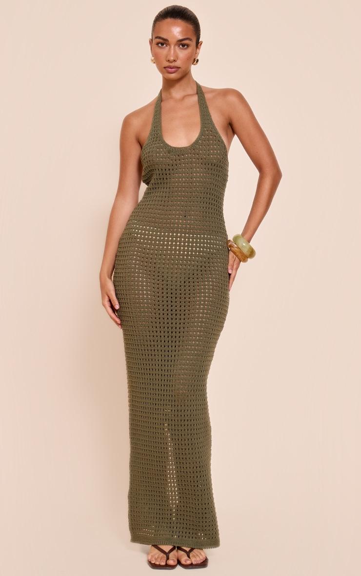 Khaki Crochet Halter Maxi Dress Product Image