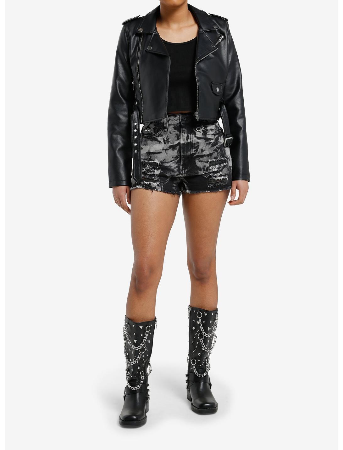 Black Acid Wash Studded Denim Shorts Product Image