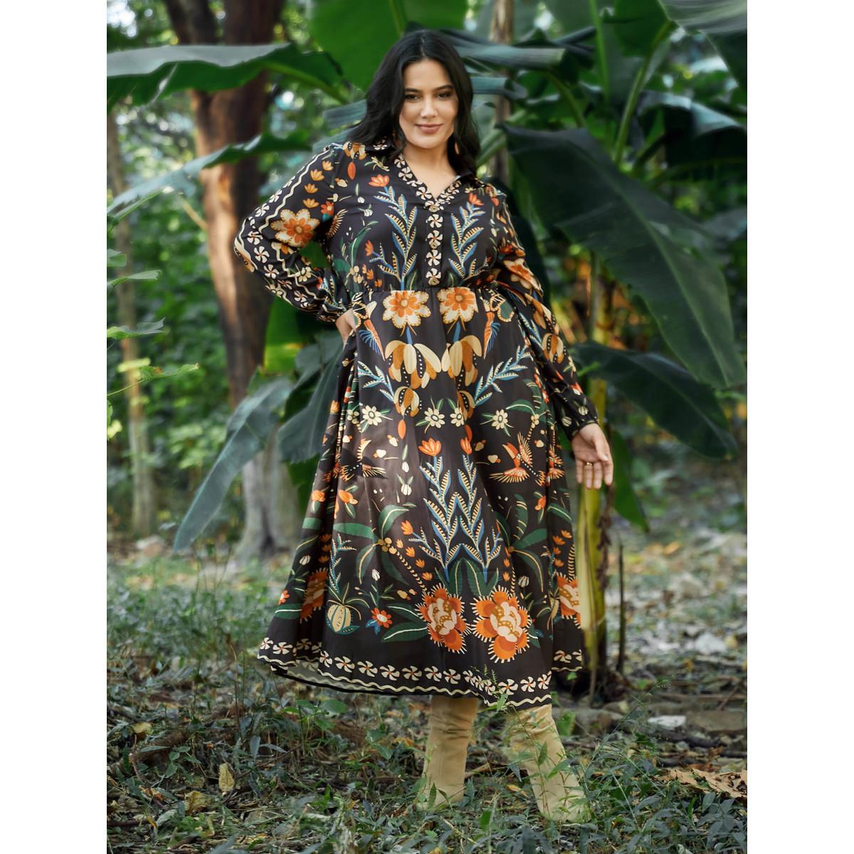 Plus Size Bandana Print Pocket Lapel Collar Elastic Cuffs Dress Black Women Resort Non V-neck Long Sleeve Curvy Midi Dress BloomChic 12/L Product Image