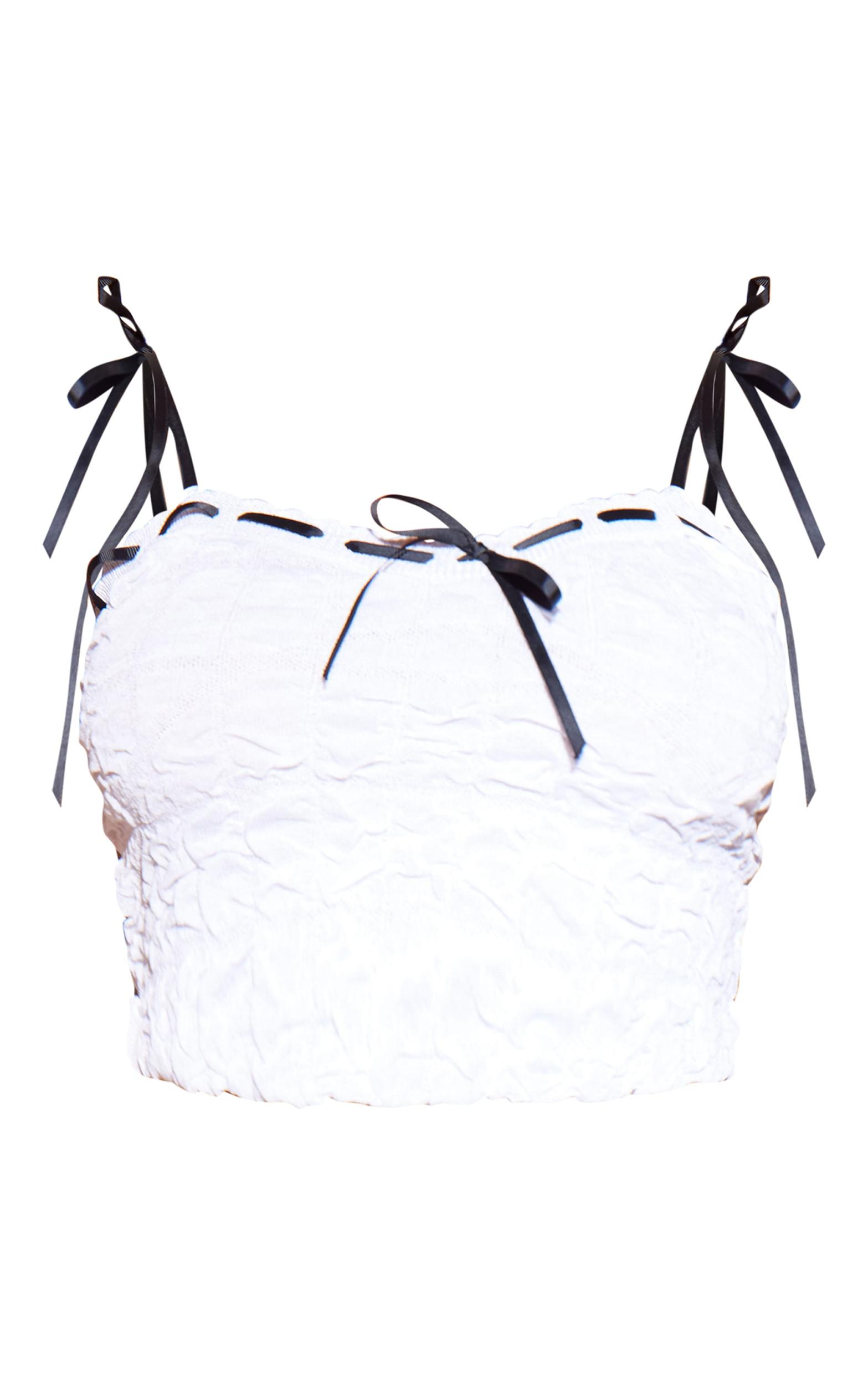 White Bubble Knit Ribbon Detail Top Product Image