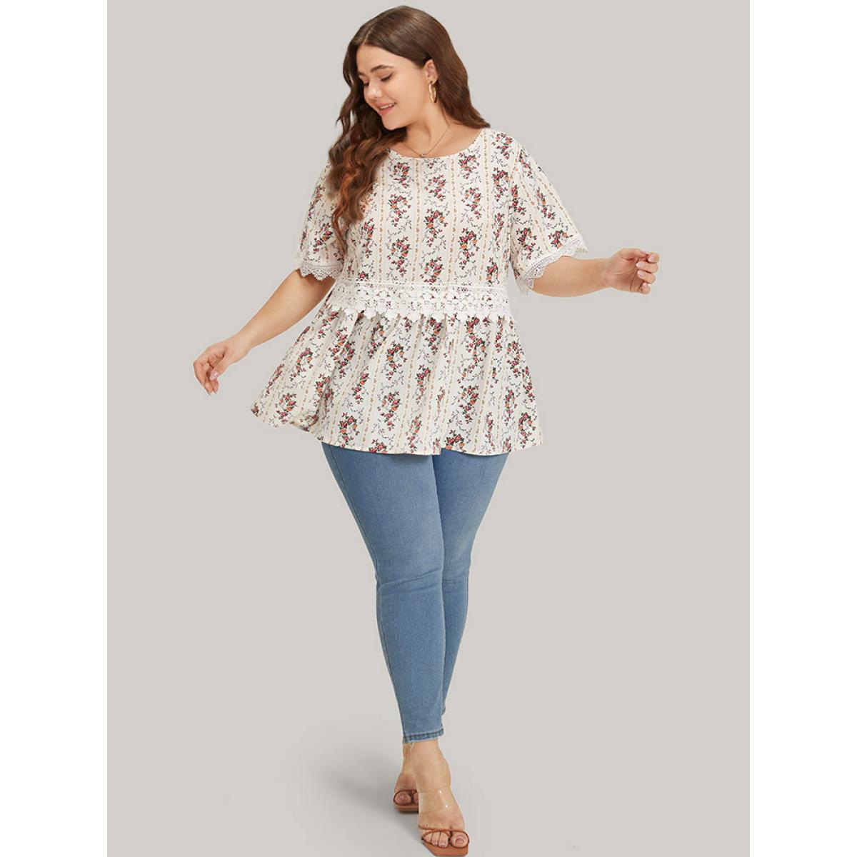 Plus Size White Ditsy Floral Lace Panel Elastic Waist Blouse Women Elegant Short sleeve Round Neck Dailywear Blouses BloomChic 14-16/1X Product Image