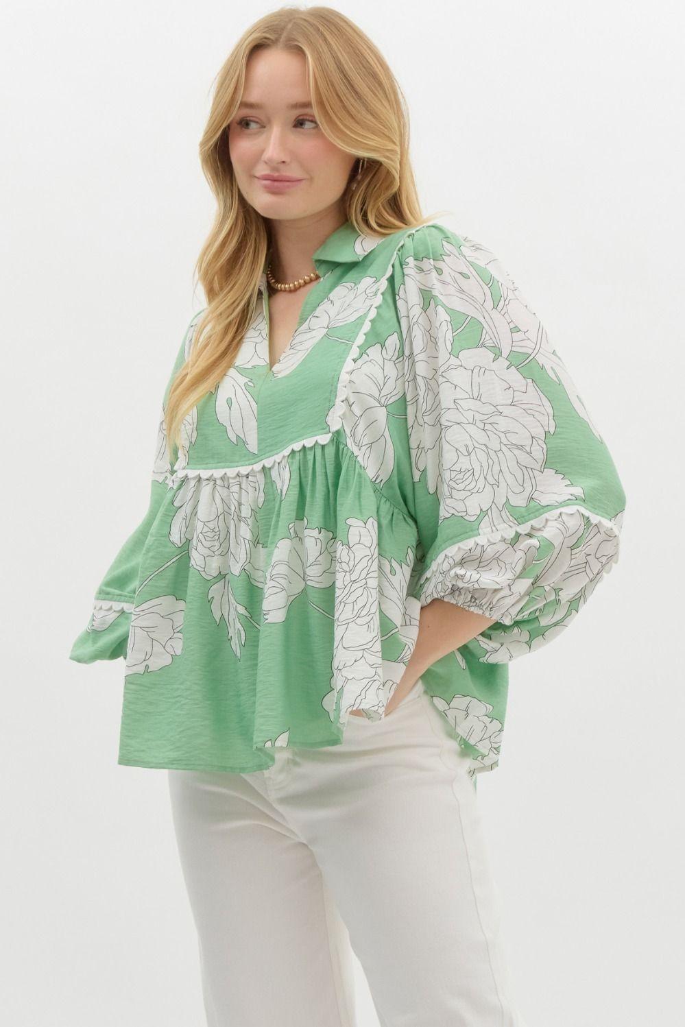 Sweet & Scalloped Mint Floral Blouse Product Image