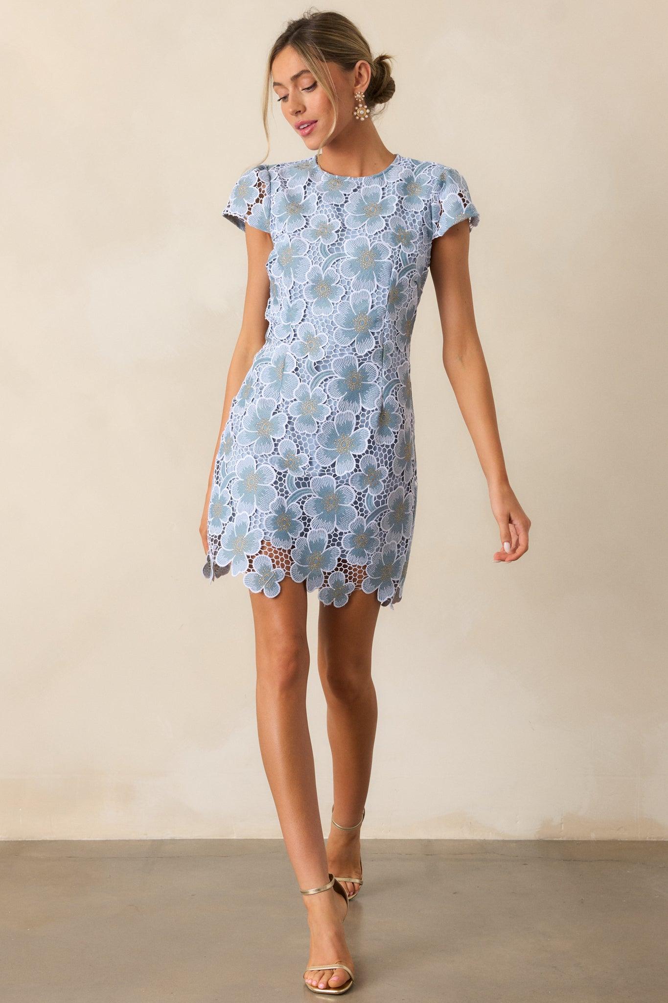 Little Moments Sky Blue Floral Embroidered Mini Dress Product Image
