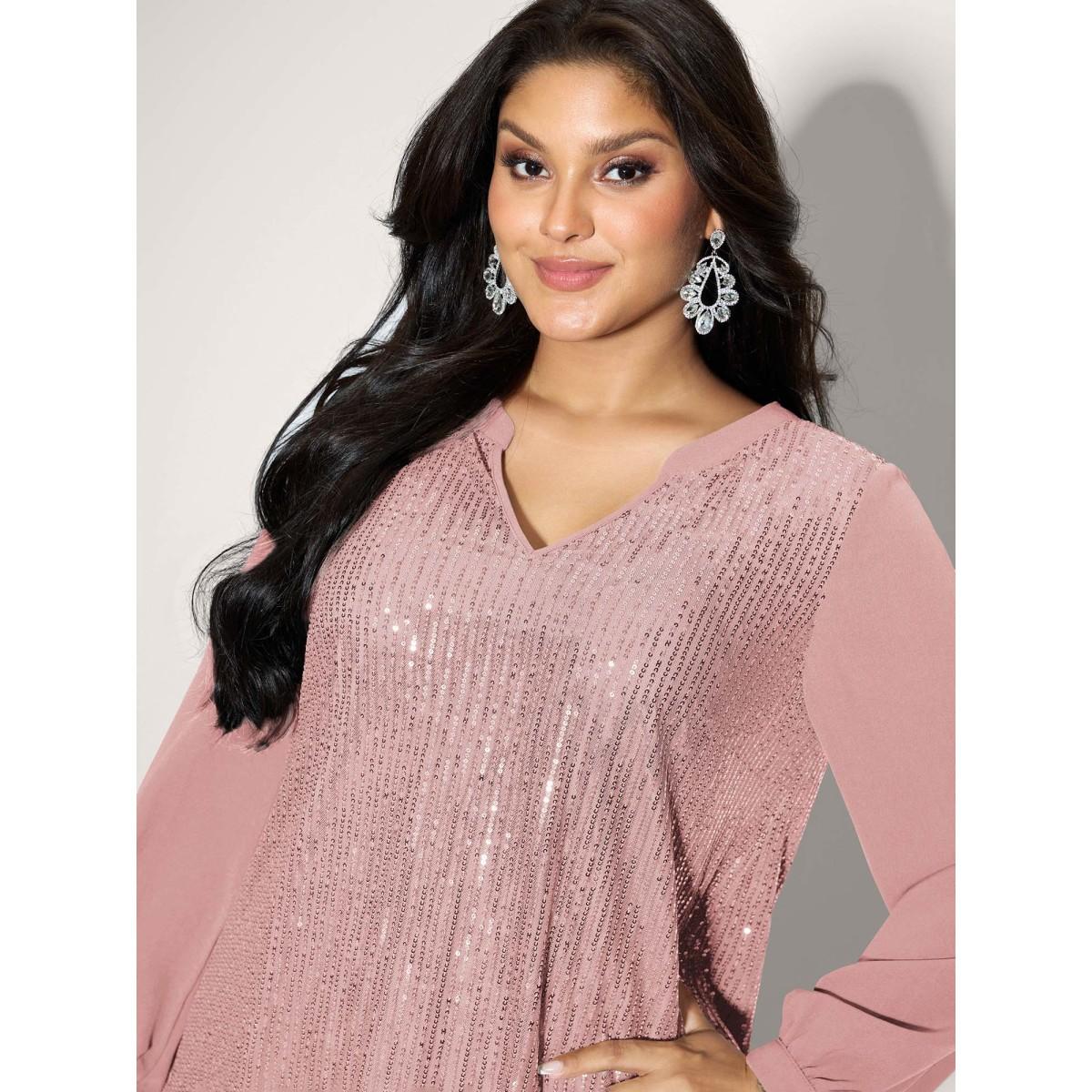 Plus Size Blush Shimmery Sequin Notched Collar Blouse Women Party&Cocktail Extra Long Sleeve Flat collar with V-notch Party Blouses BloomChic 18-20/2X Product Image