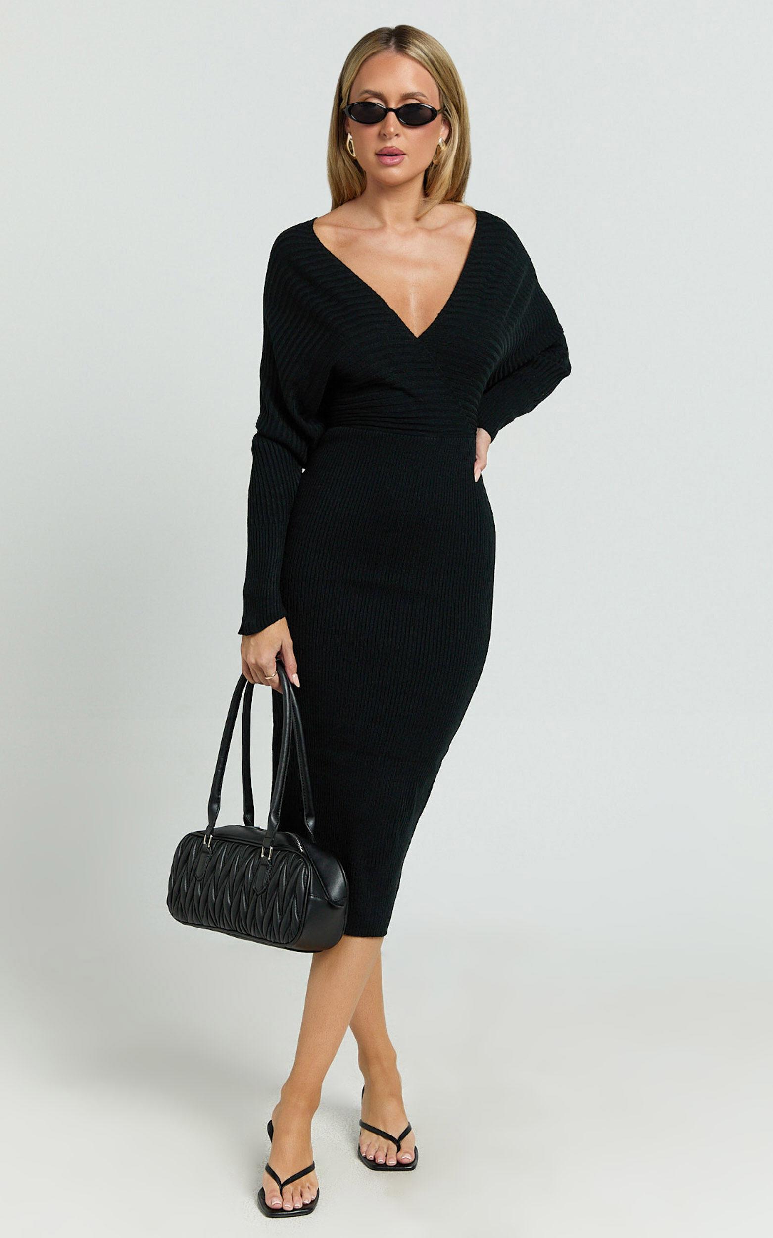 Sheika Midi Dress - Long Sleeve Off Shoulder Knit Dress in Black Product Image