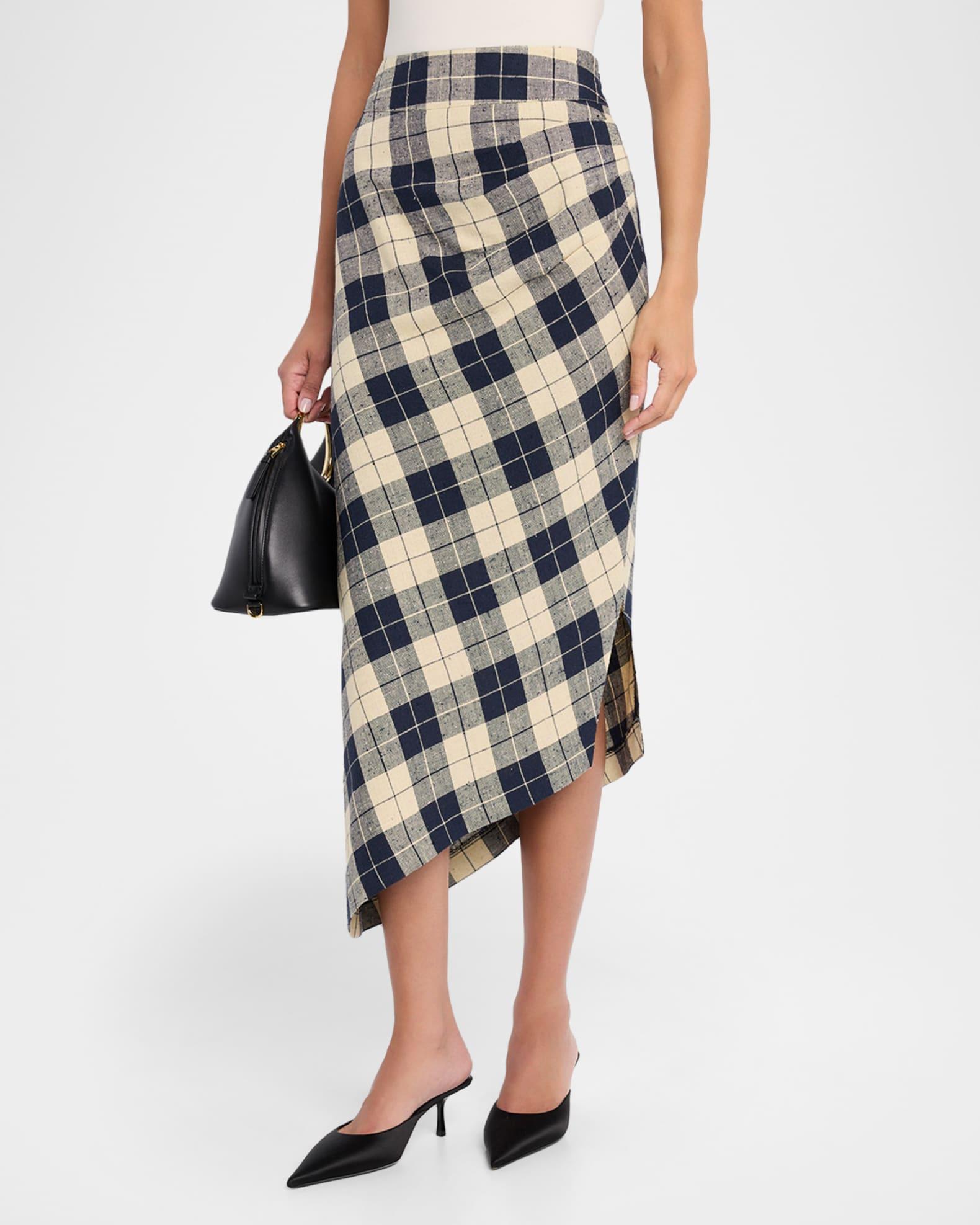 Plaid Asymmetrical Silk-Blend Skirt Product Image