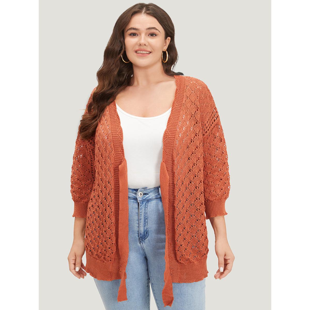 Plus Size Solid Hollow Out Ties Front Elastic Cuffs Cardigan Chocolate Women Casual Loose Elbow-length sleeve Dailywear Cardigans BloomChic 12/L Product Image